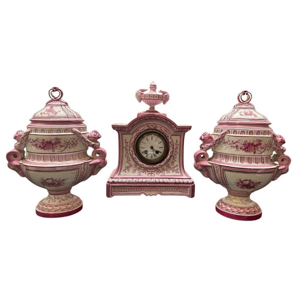 GIEN- Pair of Rams Head Urns with Center Clock